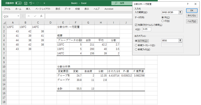 MicrosoftExcelによる一元配置の分散分析