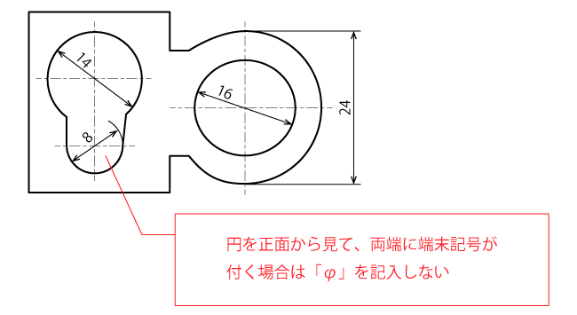 円を正面から見た図の直径指示例