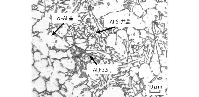 ADC12合金ダイカストの組織（引用：西直美、絵ときダイカスト基礎のきそ、日刊工業新聞社、2015年、P.212）