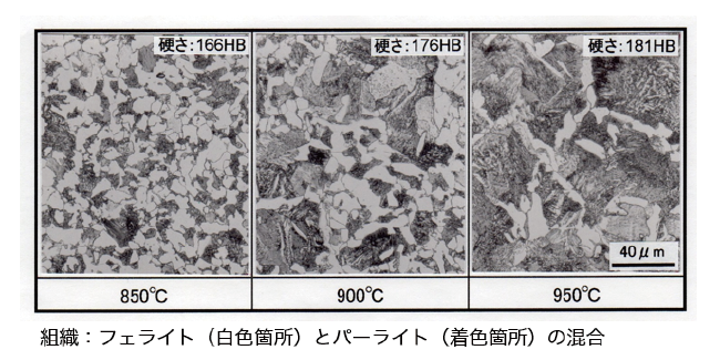 各温度で焼ならししたS35Cの顕微鏡組織と硬さ（試験片直径：10mm、加熱保持時間：60分）