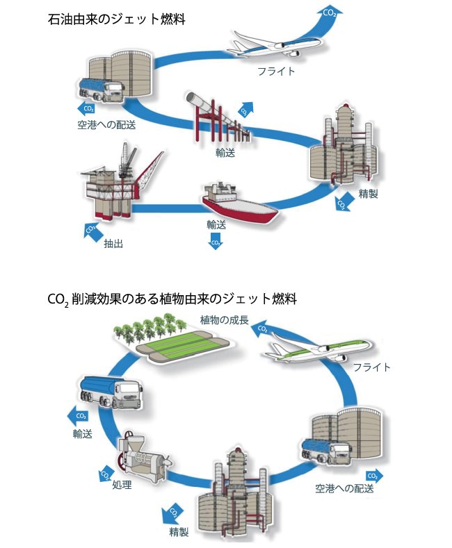 石油由来のジェット燃料と、CO2削減効果のある植物由来のジェット燃料