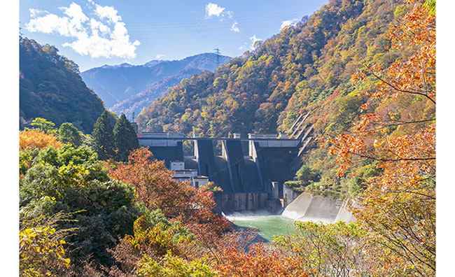 秋の黒部峡谷、新山彦橋とトロッコ電車
