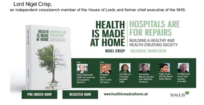 書籍「HEALTH ISMADE AT HOME , HOSPITALS ARE FOR REPAIRS（健康は家で作られる、病院は修理する場所）」のシンポジウムの案内