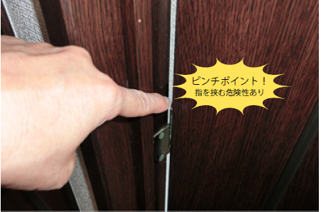 蝶番のある扉のピンチポイント（指を挟む危険性がある場所）
